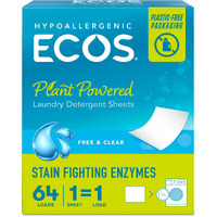 Ecos Laundry Detergent Sheets Vegan  No Plastic Jug  No Mess & Liquid Free - Laundry Sheets In Washer - Hypoallergenic  Plant Powered Laundry Detergent Sheets - Free And Clear - 64 Sheets (Pack Of 1)