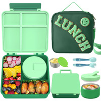 Aimsnk Kids Bento Lunch Box With 8Oz Soup Thermo  Kids Leakproof Lunch Food Containers With 4 Compartment  Kids Insulated Hot Food Jar With Lunch Bag For School  Trvael (Green)