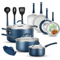 Nutrichef 14-Piece Navy Blue Cookware Set - Durable Non-Stick Pots And Pans Set With Lids & Utensils  Compatible With All Cooktops