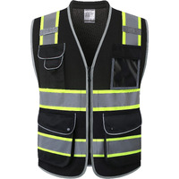 Jksafety 9 Pockets Hi-Vis Black Safety Vest For Men Women High Visibility Reflective Construction Mesh Fabric Cushioned Collar Work Utility Ppe Work Gear Ansi/Isea Compliant (101-Black L)