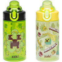 Zak Designs Minecraft Sage Kids Water Bottle For School Or Travel  16Oz Durable Plastic Water Bottle With Straw  Handle  And Leak-Proof  Pop-Up Spout Cover  2-Pack Set (Creeper)