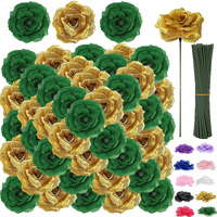 Lelee 108Pcs Roses Head Flowers With Stem - Emerald Green Gold Artificial Flowers Rose Bulk - Silk Rose Fake Flower For Wedding Bouquet Decor Diy Baby Shower Centerpieces St Patrick's Day Decoration
