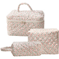 Dkieuyu 3 Pcs Cotton Quilted Makeup Bag Set  Floral Cute Travel Toiletry Cosmetic Bag Organizer For Women Girls (E)