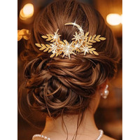 Genbree Leaf Bride Wedding Hair Comb Gold Star Moon Hair Piece Crystal Bridal Hair Accessories For Women