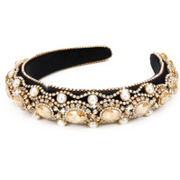 Wecoe Champagne Gold Rhinestone Headband With Pearls Women Vintage Fancy Sparkly Diamond Padded Bulky Puffy Luxury Beaded Headband Renaissance Costume Hair Accessories For Women Girls Gifts