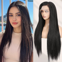 Wignee 13X6 Synthetic Lace Front Wig 28"" Long Straight Wig Natural Black Kanekalon Futura Synthetic Wigs For Black Women Pre-Plucked Glueless Wig For Daily Party Use