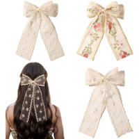 Lfouvre Beige Lace Hair Bows With Embroidered Flowers - Bowknots  Barrettes  And Hair Clips With Long Tails For Women (3Pcs)