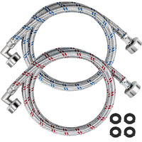 Beaquicy Washer Stainless Steel Hoses With 90 Degree Elbow - 4 Ft Long Red And Blue (2 Pack) Burst Proof - Hot And Cold Striped Water Supply Lines For Washing Machine - 10Year Warranty