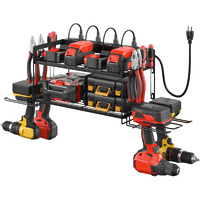 Cccei Garage Tools Storage With Charging Station. Power Tool Battery Organizer Utility Shelf With Power Strip. 4 Drills Holder Wall Mount Rack  Black.