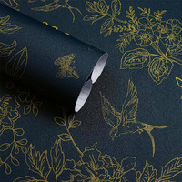 Froluya Dark Blue And Gold Vintage Floral Peel And Stick Wallpaper 17.7""X118.1"" Dark Blue Floral Wallpaper Peel And Stick Removable Self Adhesive Wall Paper For Bathroom Bedroom Decorative Vinyl