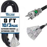 Yojoe 3-Outlets Indoor Outdoor Extension Cord With Lighted End  3 Prong 15A Weatherproof Power Cord  10 Gauge Heavy Duty 8 Ft Black Extension Cord Multiple Outlets  10/3 Sjtw Ul Listed