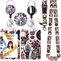 Hasfine Skull And Floral Badge Holder With Breakaway Lanyard & Retractable Badge Reel With Heavy Duty Carabiner 360Rotation Clip & Key Ring Cute Id Card Holder For Men And Women