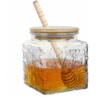 Ansqu Honey Pot  Airtight Glass Honey Jar With Bamboo Lid And Dipper Stick  Honey Container For Storing Honey  Jam Mason Jar For Home Kitchen  17Oz (Square Sunflower 1 Pack)