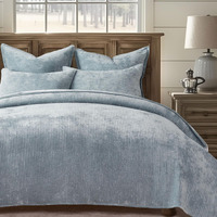 Evergrace Velvet Quilt Set King Size  Luxurious Soft Quilted Bedding Sets  Lightweight Velvet Comforter For All Season  Striped Channel Bedspread Coverlet With 2 Shams  Blue Linen