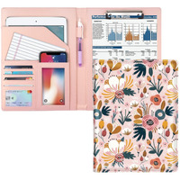 Waveyu Portfolio Case For Women  Cute Floral Padfolio Cover For Girls  Conference/Resume/Legal Document Organizer With Letter/A4 Size Clipboard Hardboard  Business Card Holders  Pink Flower