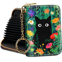 Yonlevres Credit Card Holder For Women Rfid Wallet  Flower Cat Small Wallet Card Holder Wallets With Keychain Zipper  Floral Leather Print Credit Card Accordion Gift