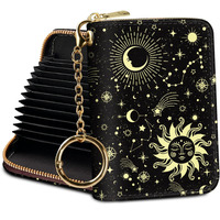 Yonlevres Credit Card Holder Rfid Wallet  Astrological Sun Moon Small Card Holder Wallet For Women With Keychain Zipper  Leather Print Credit Card Case Organizer Accordion Gift