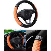 Couslcd Bling Car Steering Wheel Cover  15 Inch Rhinestones Soft Leather Elastic Steering Wheel Protector  Sparkly Crystal Diamond For Women Girls  Car Interior Accessories For Most Cars (Orange)
