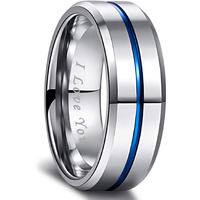 Greenpod 8Mm Tungsten Carbide Rings Silver Blue High Polished Beveled Edge Wedding Band For Men Women Engraved I Love You Size 12.5