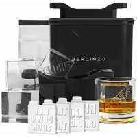 Berlinzo Premium Clear Ice Cube Maker Mold - 4 Large 2.1-Inch Crystal Clear Ice Square Cubes For Whiskey & Cocktails - Easy-To-Remove Ice Cube Mold - Storage Bag & Silicone Inserts Included  Black