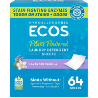 Ecos Laundry Detergent Sheets Vegan  No Plastic Jug  No Mess & Liquid Free - Laundry Sheets In Washer - Hypoallergenic  Plant Powered Laundry Detergent Sheets - Lavender Vanilla - 64 Sheets(Pack Of 1)