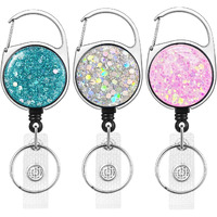 3 Pack Retractable Carabiner Badge Holder  Fadyraye Badge Reel With Belt Clip For Nurse Teacher Name Card Keychain [Bling Cute Design 27"" Nylon Wire Cord]