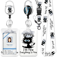 Id Badge Holder With Lanyard  It 's Fine I 'M Fine Badge Holders Reels With Detachable Lanyards  Work Card Retractable Keychain Vertical Id Card For Nurse Students Teachers Office Staff