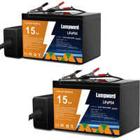 Lampword Lithium Battery 2 Packs 12V 15Ah Lifepo4 Battery 2000+ Deep Cycle Rechargeable Batteries For Trolling Motor/Golf Cart/Solar And Wind Power Lighting Power Wheels Fish Finder With Charger