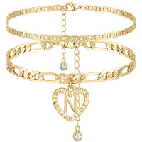 Yanoda Initial Ankle Bracelets For Women 14K Gold Plated Layered Figaro Chain Letter Initial Anklets Handmade Layered Heart Ankle Bracelets Personalized Jewelry For Women N