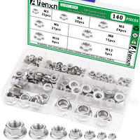 Aienxn 140Pcs 7 Metric Sizes 304 Stainless Steel Hex Flange Nuts Assortment Kit -M3  M4  M5  M6  M8  M10  M12