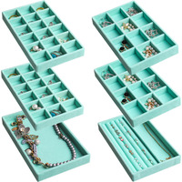 Frebeauty Jewelry Organizer Tray Stackable Velvet Jewelry Trays Drawer Inserts Earring Organizer For Women Jewelry Storage Display Case For Rings Stud Necklaces Set Of 6(Turquoise)