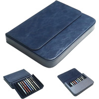 Mivlxlx Leather 12 Fountain Pen/Pencil Tray Case Organizer  Fashion Design  Handmade  Magnetic Closure With Drawer  Christmas Gift For Man/Woman/Office  12 Slots(Blue)