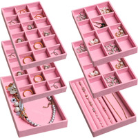Frebeauty Jewelry Organizer Tray Stackable Velvet Jewelry Trays Drawer Inserts Earring Organizer For Women Jewelry Storage Display Case For Rings Stud Necklaces Set Of 6(Pink)