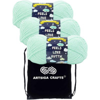 Lion Brand Feels Like Butta Seagreen 215-172 (3-Skeins - Same Dye Lot) Worsted Medium #4 Polyester Yarn For Crocheting And Knitting With Project Bag