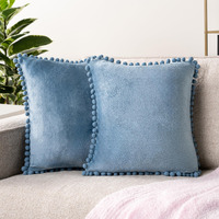 Pavilia Dusty Blue Throw Pillow Covers With Pom Pom 18X18 Set Of 2  Decorative Pillow Cases For Bedroom Aesthetic  Small Throw Pillows Set For Bed  Velvet Euro Plush Cushion Covers For Sofa Couch