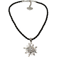 Alpenflstern Bavarian Drawstring Cord Necklace With Rhinestone Edelweiss  Ladies Costume Jewelry  Traditional German Pendant Necklace For Dirndl  Leather Trouser  Oktoberfest (Black)