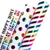 Ribbli Birthday Wrapping Paper Iridescent Gift Wrapping Paper Mini Roll  3 Rolls Happy Birthday Polka Dots Stripes Printed Assortment - 17 Inch X 120 Inch(10Feet) Per Roll