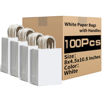 Racetop White Paper Bags With Handles Bulk 8""X4.5""X10.8"" 100Pcs Gift Bags Medium Size  White Gift Bags With Handles  Gift Bag Bulk For Retail  Party  Shopping  Merchandise