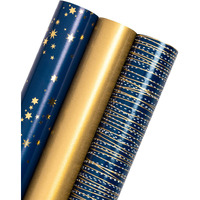 Wrapaholic Wrapping Paper Roll - Mini Roll - 3 Rolls - 17 Inch X 120 Inch Per Roll - Navy And Gold Star/Stripe/Gold Pearlized Print For Birthday  Father's Day  Holiday  Party