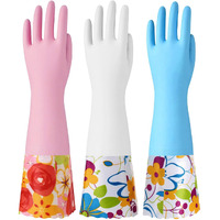 Bamllum 3 Pairs Rubber Cleaning Gloves  Household Kitchen Dishwashing Gloves With Cotton Flocked Liner  Long Cuff 16 Inches  Reusable  Non-Slip (Small  Blue+Pink+White)