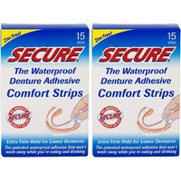 Secure Comfort Strips Waterproof Denture Adhesive - Zinc Free - Extra Firm Hold For Lower Dentures - 15 Count (Pack Of 2)
