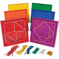 Edxeducation Double-Sided Geoboard Set - In Home Learning Manipulative For Geometry And Creativity - 5 X 5 Grid/12 Pin Circular Array - Set Of 6 With Rubber Bands