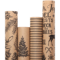 Ribbli 4 Rolls Gift-Wrapping Paper  Vintage Christmas Style  30X120 Inch(10Ft) Per Roll  100 Sq Ft Total  Brown Kraft Paper With Black Pattern