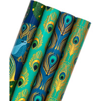 Wrapaholic Peacock Christmas Wrapping Paper Roll - Green Peacock Elements Patterns With Metallic Foil Shine - 4 Rolls - 30 Inch X 120 Inch Per Roll