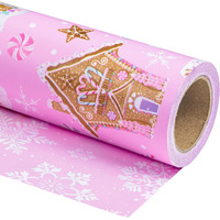 Wrapaholic Reversible Christmas Wrapping Paper - Mini Roll - 17 Inch X 33 Feet - Pink Gingerbread House Snowflake With Embossed For Christmas  Holiday