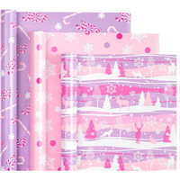 Wrapaholic Christmas Wrapping Paper Roll - Mini Roll - 3 Rolls - 17 Inch X 120 Inch Per Roll - Pastel Pink And Purple Reindeer  Candy Cane With Joy  Snowflake Holiday Collection