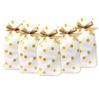 Prudance 50Pcs Candy Cookies Drawstring Gift Bags 9"" X 6""  Gold Dot Plastic Treat Bags With Bow-Tie For Christmas  Birthday  Wedding  Party Favor Gifts Bag.