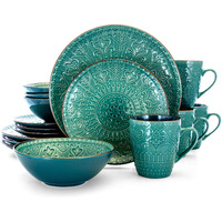 Elama Round Stoneware Embossed Dinnerware Dish Set  16 Piece  Ocean Teal And Green