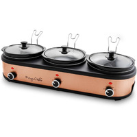 Megachef Triple 2.5 Quart Slow Cooker And Buffet Server In Brushed Copper And Black Finish With 3 Ceramic Cooking Pots And Removable Lid Rests