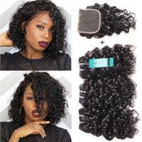 Malaysian Water Wave Bundles With Closure 12A Bundles Human Hair Ocean Wave Wet & Wavy Human Hair Bundles With Lace Closure 100% Human Hair Extensions Remy Hair Bundles (8 8 8+8Inch)